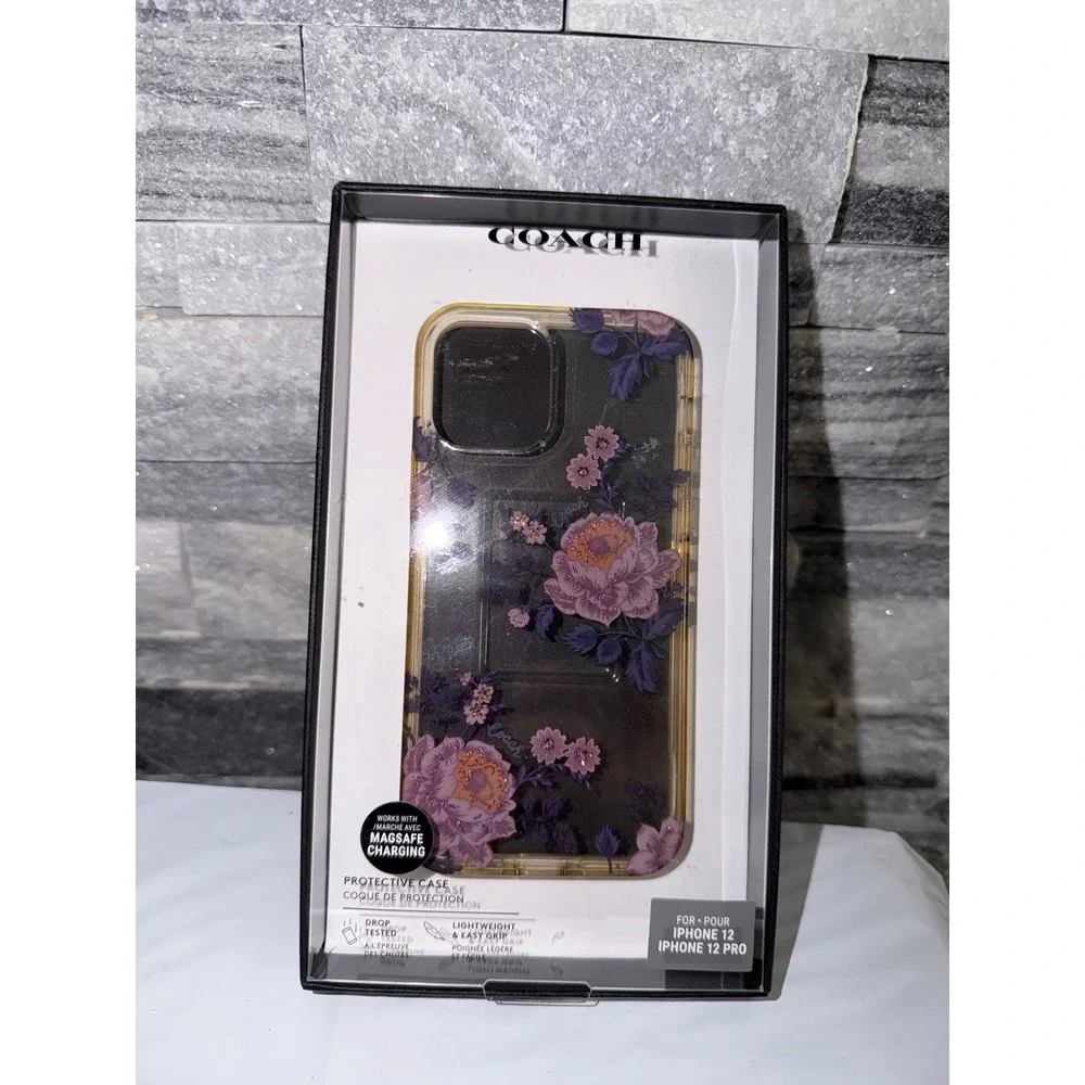 Coach iPhone 12 12 Pro Protective Case MagSafe Floral Purple Pink Glitter New